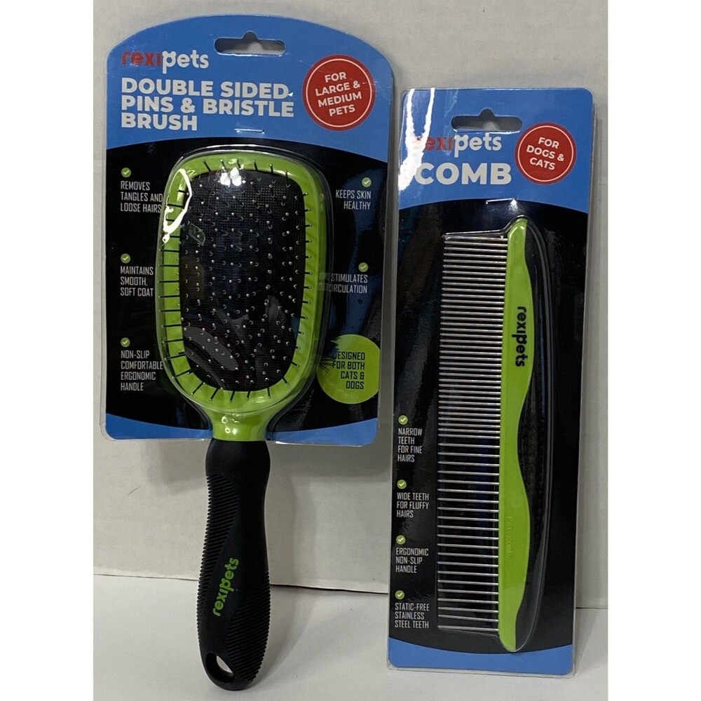 RexiPets Double Sided Pins & Bristle Brush & Comb For Dogs & Cats New